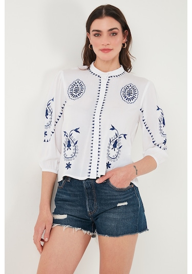 Lela Nakış Işlemeli Truvakar Kol Hakim Yaka Pamuklu Şile Bezi Bayan Gömlek 611Bz0044 Beyaz-Indigo
