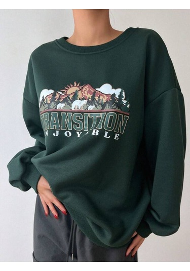 Transition Sweatshirt - Yeşil Baskılı Oversize Kalın Kışlık Bisiklet Yaka Yeşil
