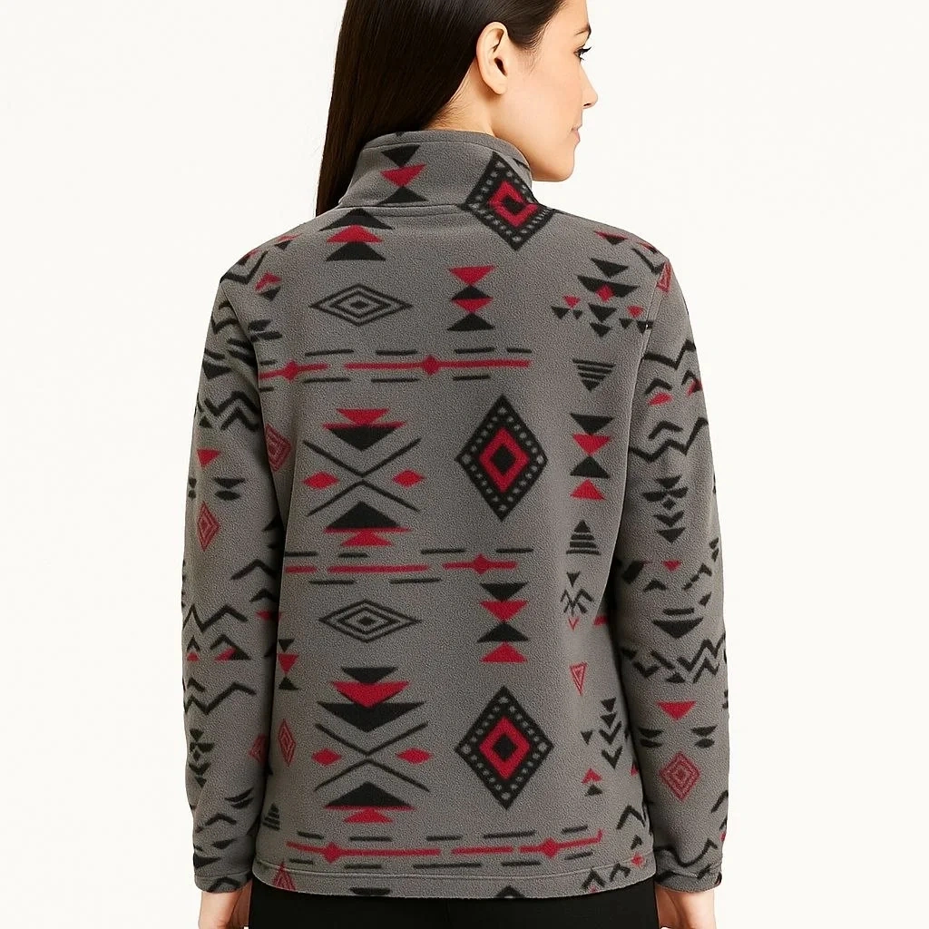 Kadın Yarım Fermuarlı Desenli Polar Sweat Tribal Etnik Desen Yakalı, Uzun Kollu, Oversize Rahat Kalı Füme