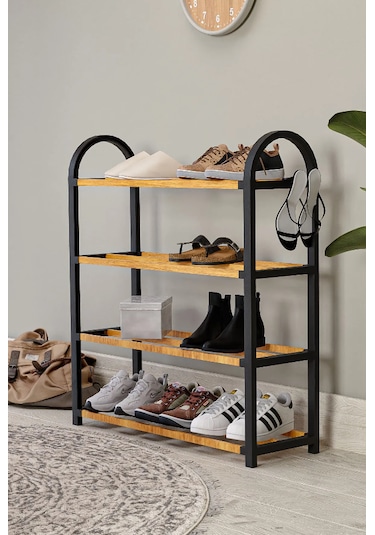 Mega Boy Ahşap Çubuklu Ayakkabılık 4 Bölmeli Raf Ünitesi Ceviz Siyah