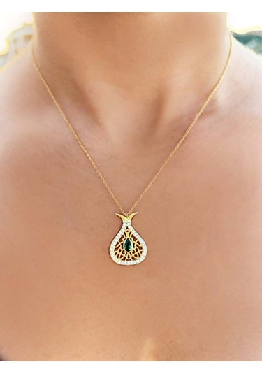 Brezza Lusso Jewelry Yeşil Zirkon Taşlı Damla Kadın Gümüş Kolye Altın Kaplama 45 CM