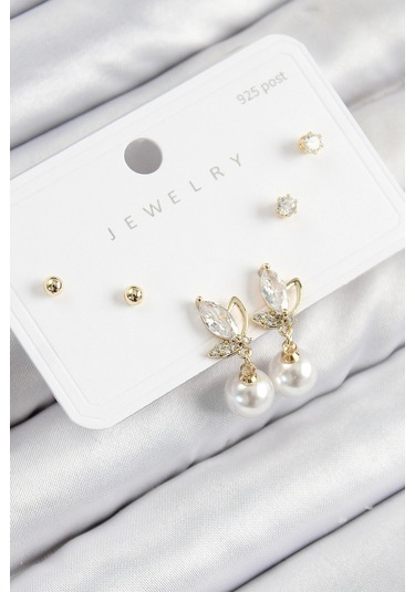 Pirinç Zirkon Taşlı İnci Sallantılı Damla Model Gold Renk 925 Ayar Gümüş Çivi Kadın Küpe Set - Tj-bk Çok Renkli