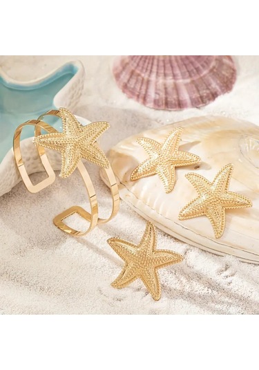 Deniz Yıldızı Charm Bileklik Ve Küpe Yüzük Seti Altın Kaplama