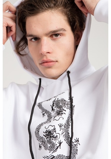 Jahr Marc Dragon Baskılı Beyaz Oversize Erkek Sweatshirt Beyaz