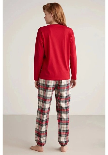 Nautıca W606 Kadın Uzun Kollu Ekoseli Pijama Takımı Kırmızı