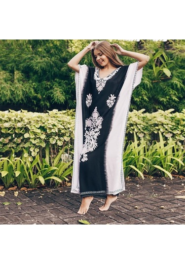 Edolynsa Kadın V Yaka Etnik Baskı Kaftan Siyah