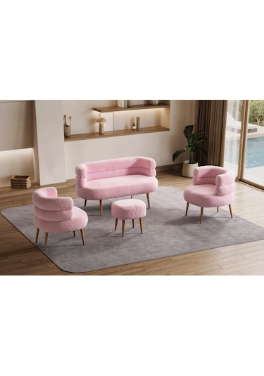 Barel Özel Tasarım Çay Seti Koltuk Takımı,berjer Ve Puf Ofis Balkon Cafe Bahçe Salon Mobilyası 4 Lü Takım Pembe Pembe