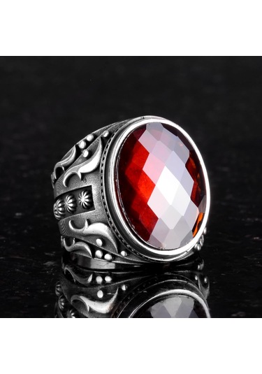 Yapılmış Taş Yüzük, 925 Ayar Gümüş Yüzük, Tasarım Gümüş Erkek Yüzüğü Yapılmış Granat Taşı Gümüş