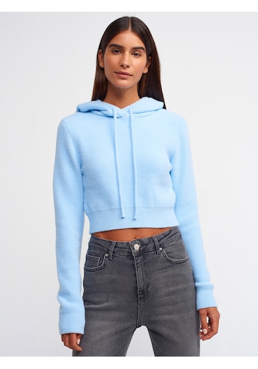 Dilvin Yumuşak Dokulu Kapşonlu Crop Kazak Mavi