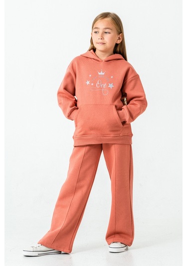 Kız Çocuk You Are The One Baskılı 3 İplik Kalın Kışlık Eşofman Takımı Ak4204 Kiremit