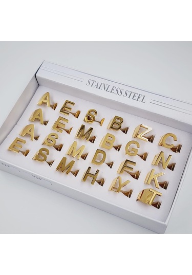 Çelik Gold Düz Kesim Harf Yüzük -s Harfi- Ayarlı Ölçü-1906