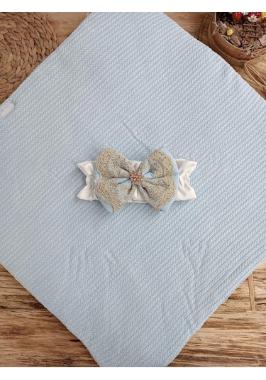 Yenidoğan Kuzulu Taç Nakış Güpürlü Fiyonklu Duvaklı Prizma Taş Unisex Kundak Bebek Battaniyesi Mavi