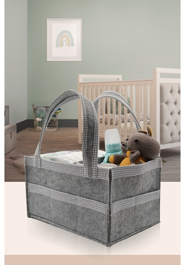 Jasper Kare Şeritli Gri Keçe Anne Bebek Bakım Çantası Organizer Gri