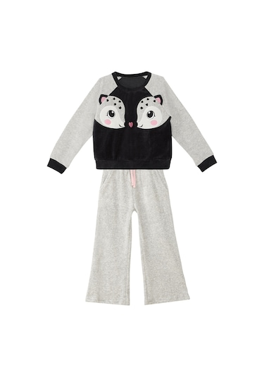 Denokids İkiz Ceylan Kız Çocuk Gri Kadife Eşofman Takım Gri