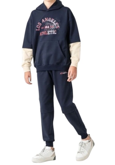 Erkek Çocuk Athletic Yazılı Kapüşonlu Kanguru Cepli Lacivert Renk Eşofman Takımı Lacivert