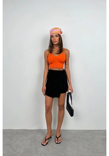 V Yaka Crop Bluz Turuncu