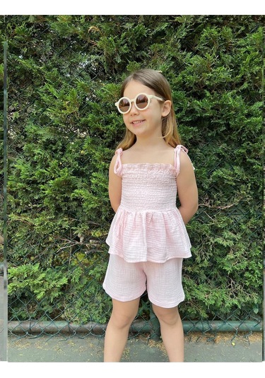 Müslin Kumaş Şortlu Kız Çocuk Takım Pembe