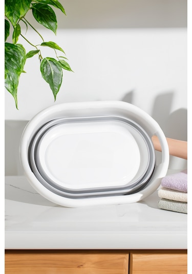 Porsima 2li Katlanır Temizlik Seti - Katlanır Sepet 25lt - Katlanır Kova 10lt Beyaz - Gri