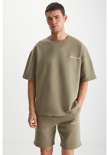 GRIMELANGE Colombıa Erkek 2'li Set Comfort Fit Rahat Kalıp Yazı Nakışlı Şardonsuz Haki Eşofman Takımı Haki