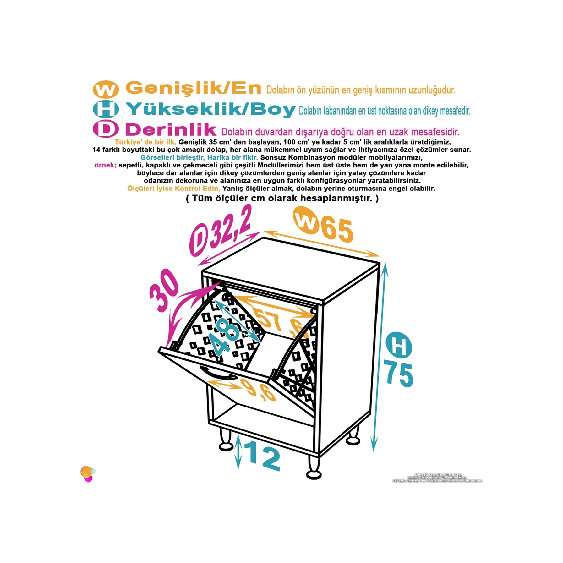 Efil Banyo Dolabı Düzenleyici Dolap Tek Gözlü Sepet Hazneli Mini Banyo Dolabı 65x75x32,5 Cm Beyaz