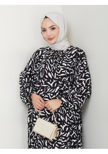 Desenli Önü Büzgülü Viskon Elbise - Siyah / E0131 Siyah