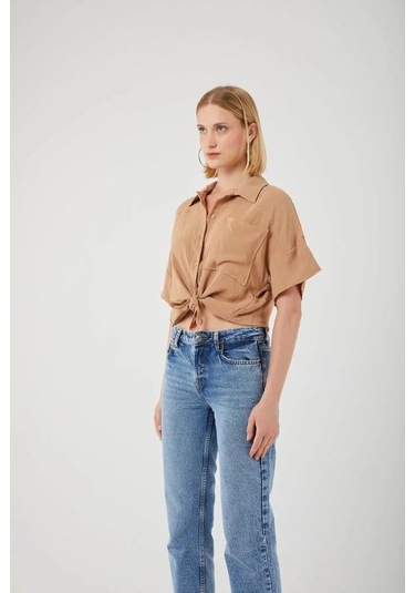 3960 Kadın Robalı Cepli Gömlek Vizon Vizon