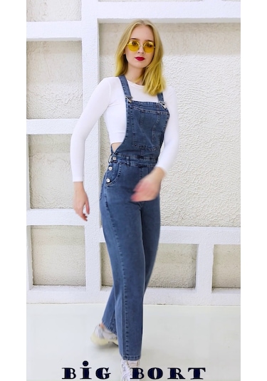 Yandan Düğmeli Enzim Kot Kumaş Salopet & Tulum Mavi