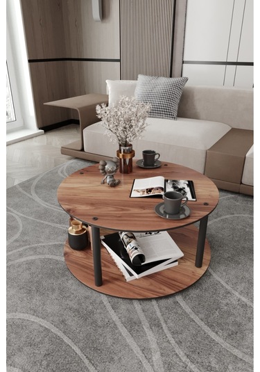 Dekoratif Mdf Masivo Orta Sehpa 70x70 Yuvarlak Madran Ceviz Ceviz