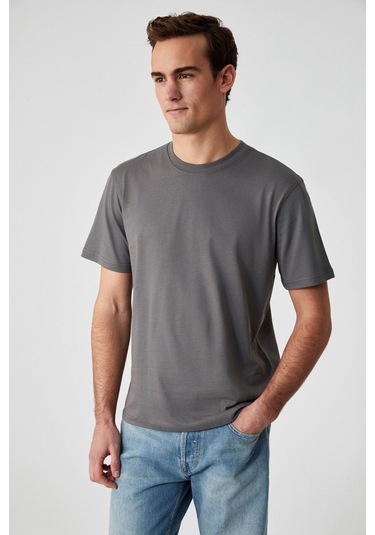 Solo Erkek %100 Organik Pamuklu Kalın Dokulu Comfort Fit Bisiklet Yakalı Gri T-Shirt