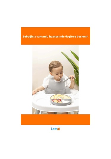 Gri Silikon Vakumlu Tabaklı Diş Kaşıyıcılı Kaşık Ve Ayarlanabilir Mama Önlüğü Seti