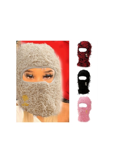Y2k Balaclava Şapka Unisex İşlemeli Güllü Örme Şapka Sonbahar Ve Kış Pürüzlü Saçaklı Fotoğraf Aksesuarları Çok Yönlü Cadılar Bayramı Kırmızısı Diğer