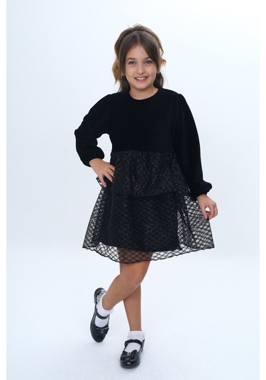 Toontoy Kız Çocuk Kadife Kat Kat Fırfır Detaylı Elbise Siyah