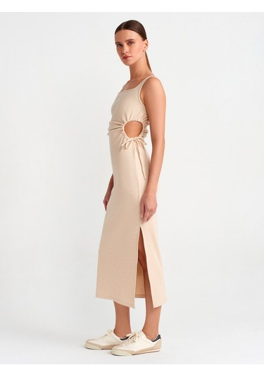 Dilvin Pencere Detaylı Uzun Elbise Bej Melanj