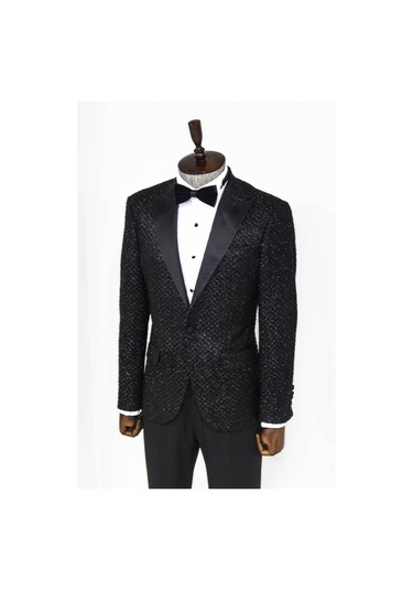 Wessi Kareli Desenli Simli Siyah Erkek Smokin Ceket Siyah