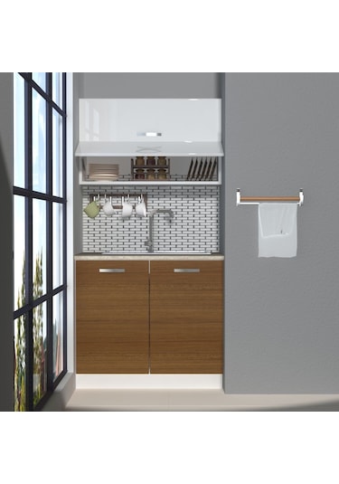 Decoraktiv Mini 90y Mdf Hazır Mutfak Dolabı - Tezgah Dahil - Ceviz Beyaz Beyaz - Ceviz