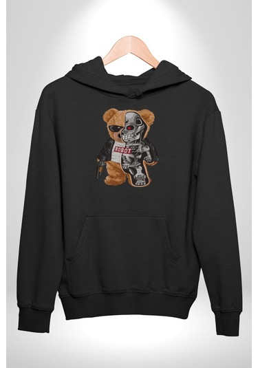 Robot Ayı Güneş Gözlüğü Kadın Erkek Siyah Kapüşonlu Sweatshirt Hoodie Siyah