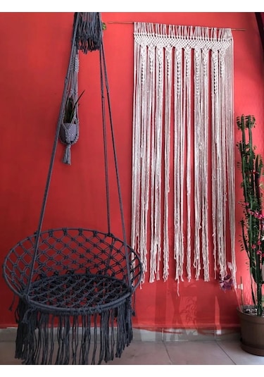 Makrome Özel Örgü Salıncak Hamak Pamuk Ip 60 X 80 Gri