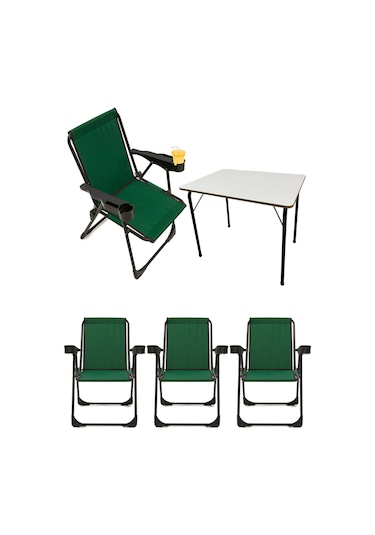 Silva 4 Adet Kamp Sandalyesi Bardaklıklı Lüks Yeşil + MDF Masa Yeşil