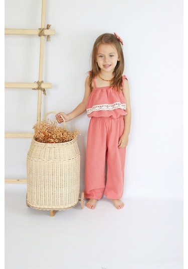 Kız Çocuk Pera Somon Şile Bezi Askılı Dantel Detaylı Tulum Toka Takım Tlm-0059.12 Somon