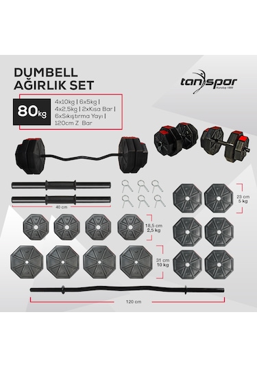 Tan Spor 80 KG Dambıl Halter Kısa Bar + Düz Bar Seti Kırmızı Kapaklı 150 CM