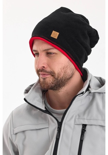 Erkek Siyah Polar Dış, Kahve Pamuklu Iç Kısım, Çift Renk Çift Katmanlı Katlanabilir Yumuşak Bere - Standart / Siyah-kırmızı Siyah-kırmızı