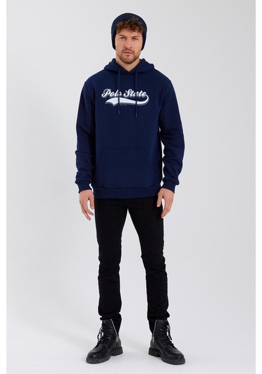 Erkek 3 İplik Pamuklu İçi Polarlı Baskılı Regular Fit Kapüşonlu Kanguru Cepli Lacivert Sweatshirt Lacivert