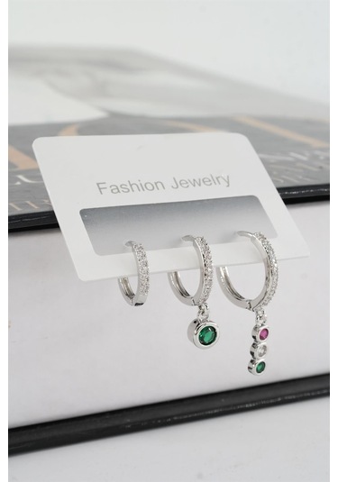 Kadın Vip Seri Mix Zirkon Taşlı 3'lü Küpe Çok Renkli