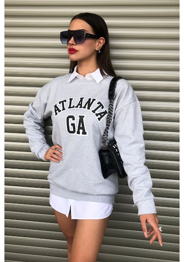 Modagen Gri Kadın Atlanta Baskılı Bisiklet Yaka Oversize Sweatshirt Gri