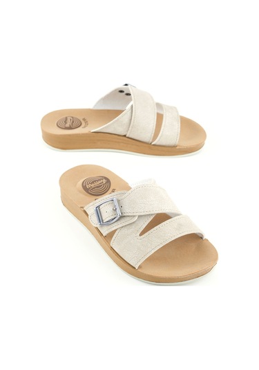 Gezer Kadın Yazlık Alt Taban Pu Suni Deri Tek Toka Ayarlanabilir Rahat Masaj Taban Günlük Terlik Bej