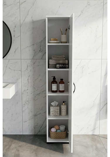 Banyo Dolabı Dar Boy Dolap Raflı Kapaklı Çok Amaçlı Organizer 5 Katlı 266 Beyaz