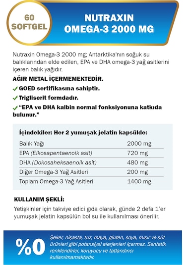 Nutraxin Omega 3 2000 Mg 60 Softjel - Balık Yağı, EPA 720, DHA 480 Mg