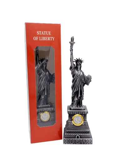 Metal Saatli Özgürlük Heykeli Gümüş Vintage Dekor Usa 25cm