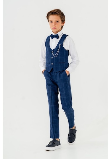 Karo Ekose Yelekli Zincirli Çocuk Takım Elbise Lacivert Lacivert