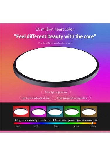 Neevoyu Oda İçin Siyah Çerçeveli Dairesel Led Tavan Lambası - Rgbcw Tam Renk, Akıllı Rf Kumanda, Aydınlatma Ve Renk Ayarlama, 220v-240v Avrupa Standartı Siyah